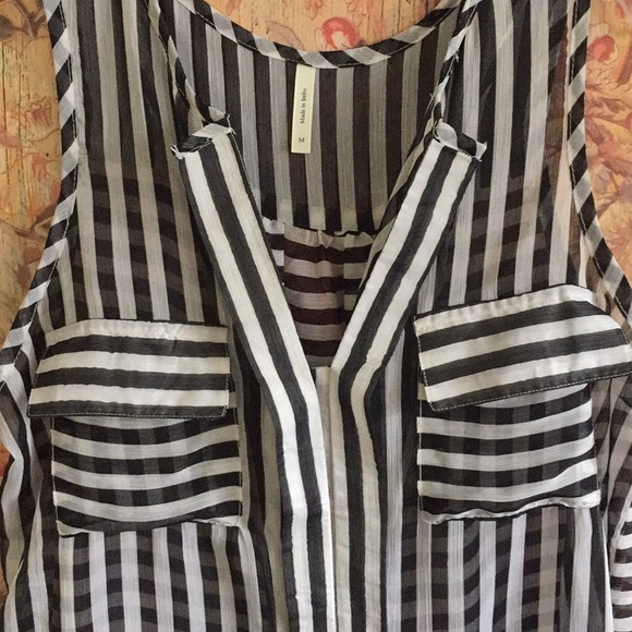 LF Y2K SHEER TOP BLACK WHITE STRIPED CAREER BLOUSE TOP M - Picture 6 of 12
